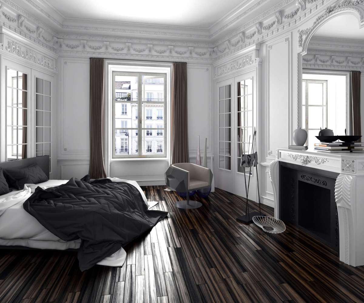 agent immobilier de luxe - un appartement de luxe avec parquet et murs blancs, cheminée et mobiliers de chambre